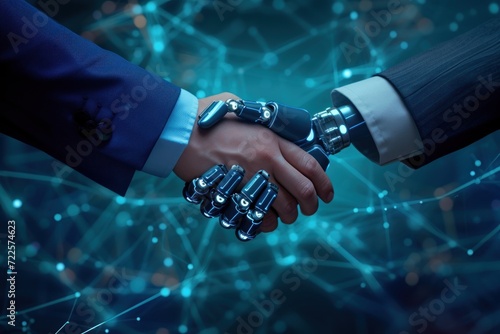 A handshake between a robot hand and a human hand, Technologies AI concept. Generative AI.