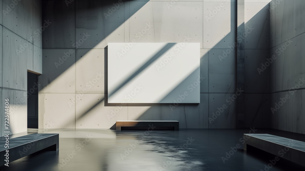 Fototapeta premium Display blank clean screen or signboard mockup at Minimalist Concrete Gallery Space with Dramatic Lighting.