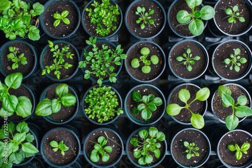 variety of flower seedlings in plastic plant pots with young green sprouts. garden and planting season. top view