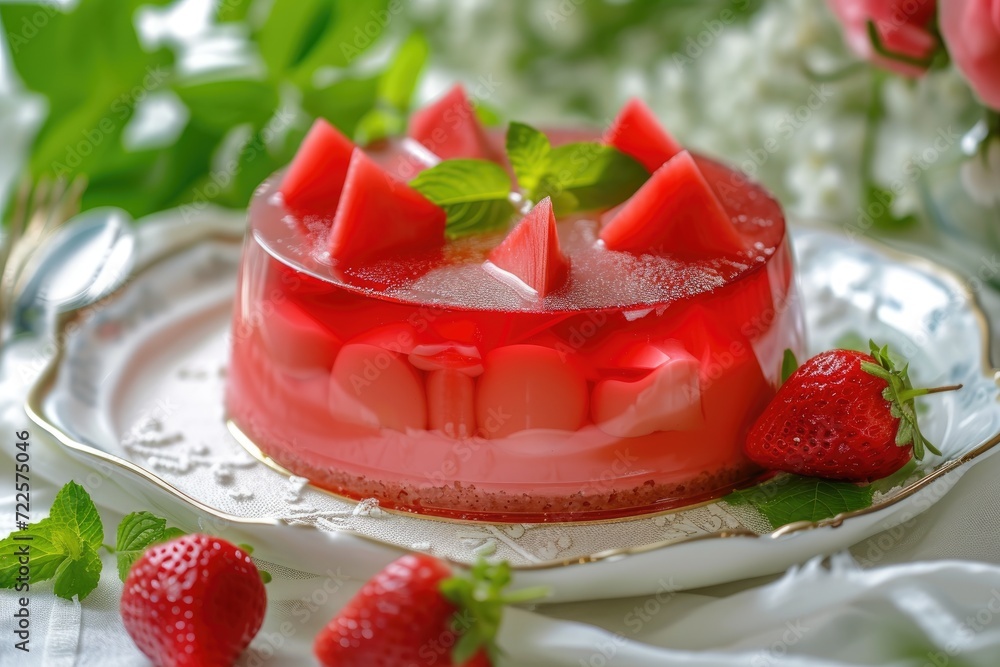 pudding jelly watermelon delicious on white table. A jellied watermelon pudding, made with watermelon pulp, sugar and starch, decorated fresh fruit and basil leaves. Sicilian summer pudding jelly watermelon delicious on white table. A jellied watermelon pudding, made with watermelon pulp, sugar and starch, decorated fresh fruit and basil leaves. Sicilian summer