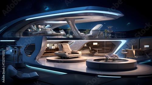 High-tech home observatory with automated telescopes, holographic constellation guides, and futuristic seating for stargazing in a space age setting