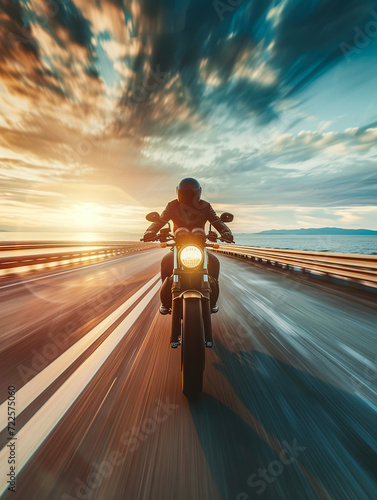 Front view of a biker at speed with sunset behind him