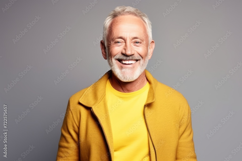 Portrait of a smiling senior man in a yellow jacket. Studio shot. Portrait of a smiling senior man in a yellow jacket. Studio shot.