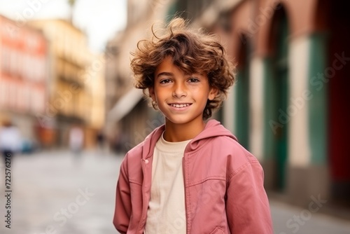 Portrait of a cute little boy with curly hair on the street © Inigo