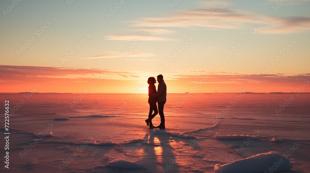 A couple in love standing on an icy surface.