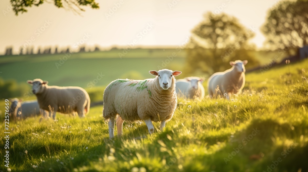 A herd of sheep grazing in the meadow. A herd of sheep grazing in the meadow.