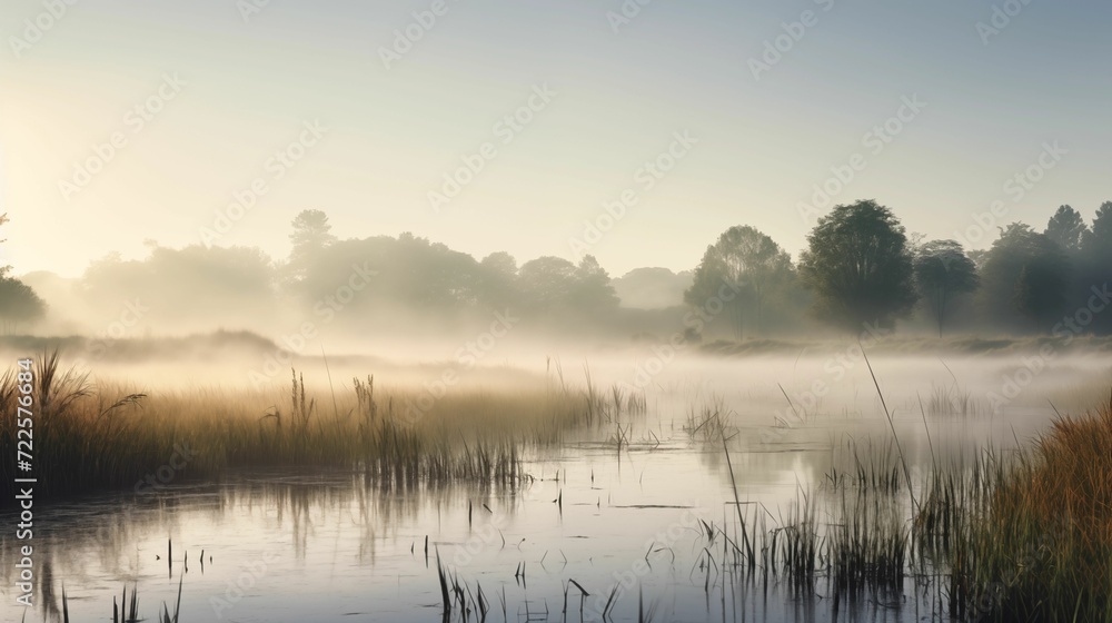 Fototapeta premium A landscape of wetlands covered by fog.