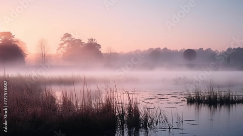 A landscape of wetlands covered by fog.