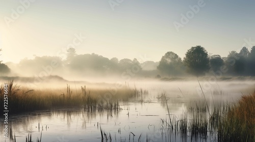 A landscape of wetlands covered by fog. © kept