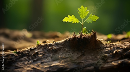 A young plant coming out of the decaying remnants of an old stump. photo