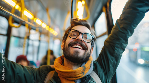 Below View Of Happy Man Commuting By Public Trans.