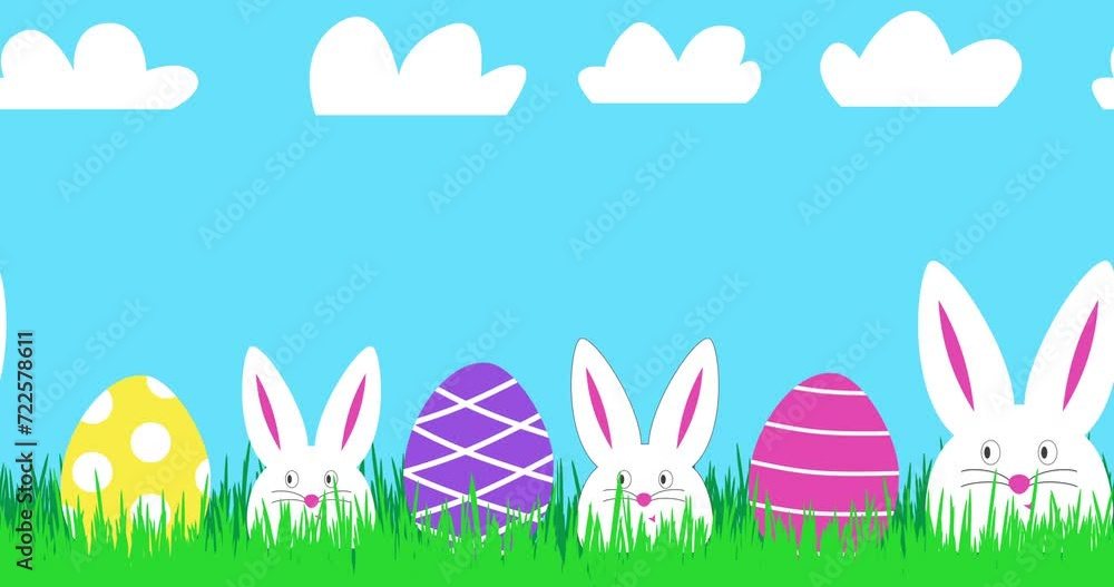 Happy Easter animated banner with three funny white rabbits and colorful Easter eggs. Easter cute bunny in green grass. Festive Easter video in bright colors. Happy Easter animated banner with three funny white rabbits and colorful Easter eggs. Easter cute bunny in green grass. Festive Easter video in bright colors.