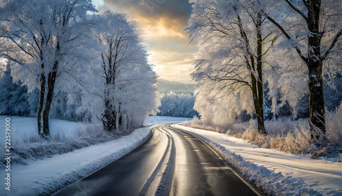 pristine, snow-covered road bordered by frosted trees, evoking tranquility and the beauty of nature's icy embrace