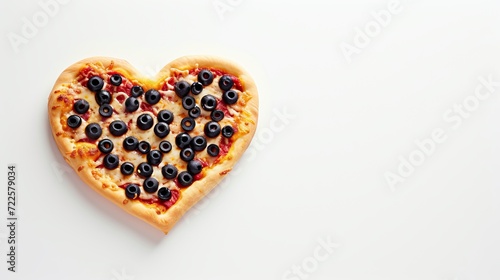 Heart shaped pizza on light table   perfect for a romantic dinner, top view with copy space