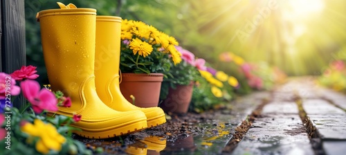 Vibrant flowerpot filled garden with yellow boots under the sunny spring or summer sky