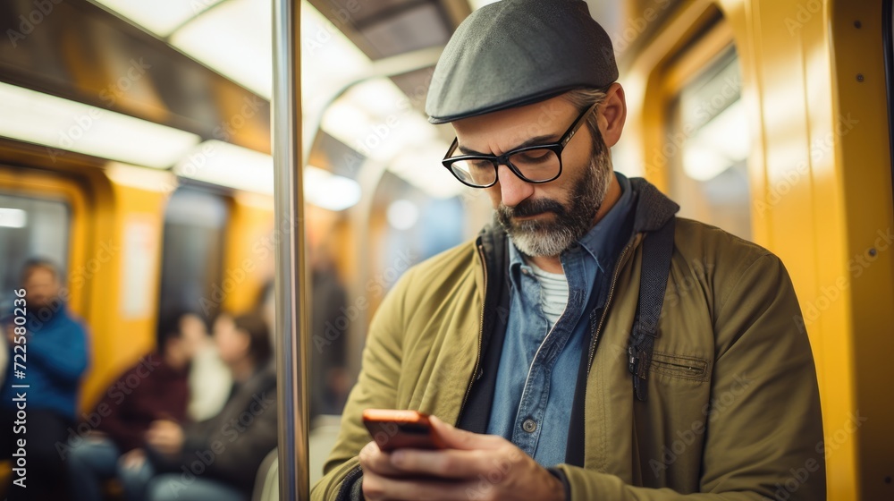 Mid adult man is using a smartphone in public transportation Mid adult man is using a smartphone in public transportation