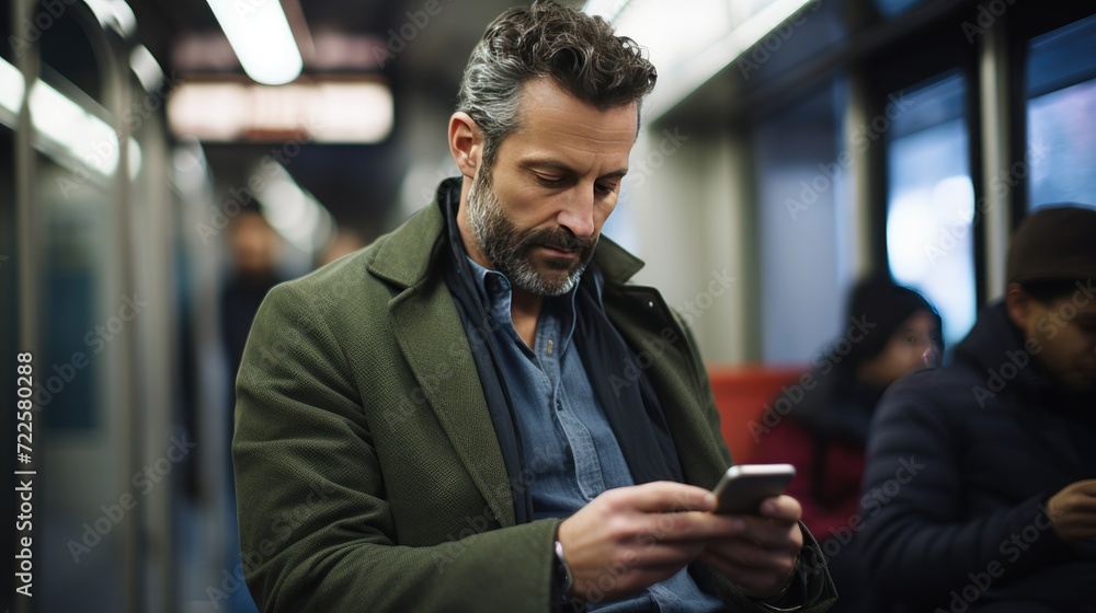 Mid adult man is using a smartphone in public transportation