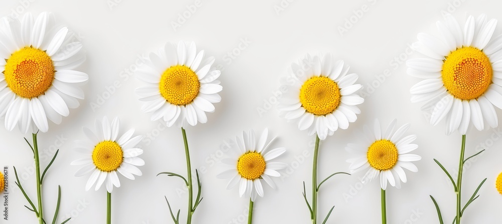 Obraz premium Daisy petals scattered on monochrome background, top view flat lay for aesthetic design concept