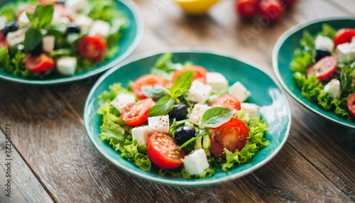 Greek salad with ripe tomatoes and creamy feta cheese, showcasing the essence of Mediterranean cuisine in a colorful and appetizing composition