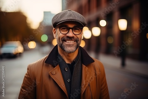 Portrait of a handsome middle-aged man in the city at sunset