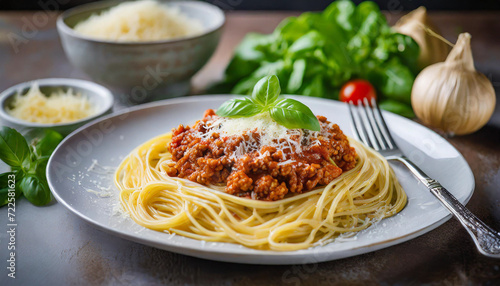 spaghetti Bolognese topped with grated Parmesan, served alongside a vibrant green salad on a rustic wooden table