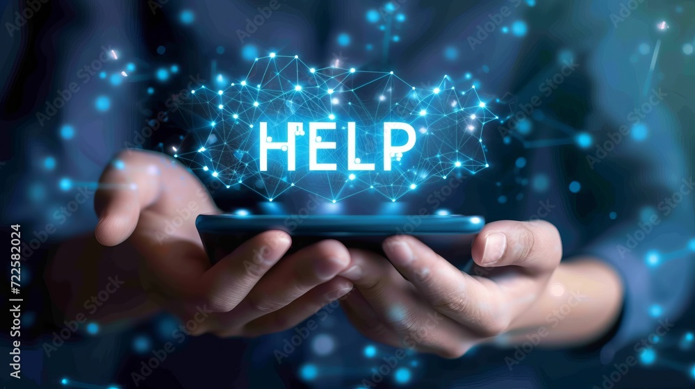 Glowing interactive holographic help text icon displayed over a mobile phone in hands Glowing interactive holographic help text icon displayed over a mobile phone in hands