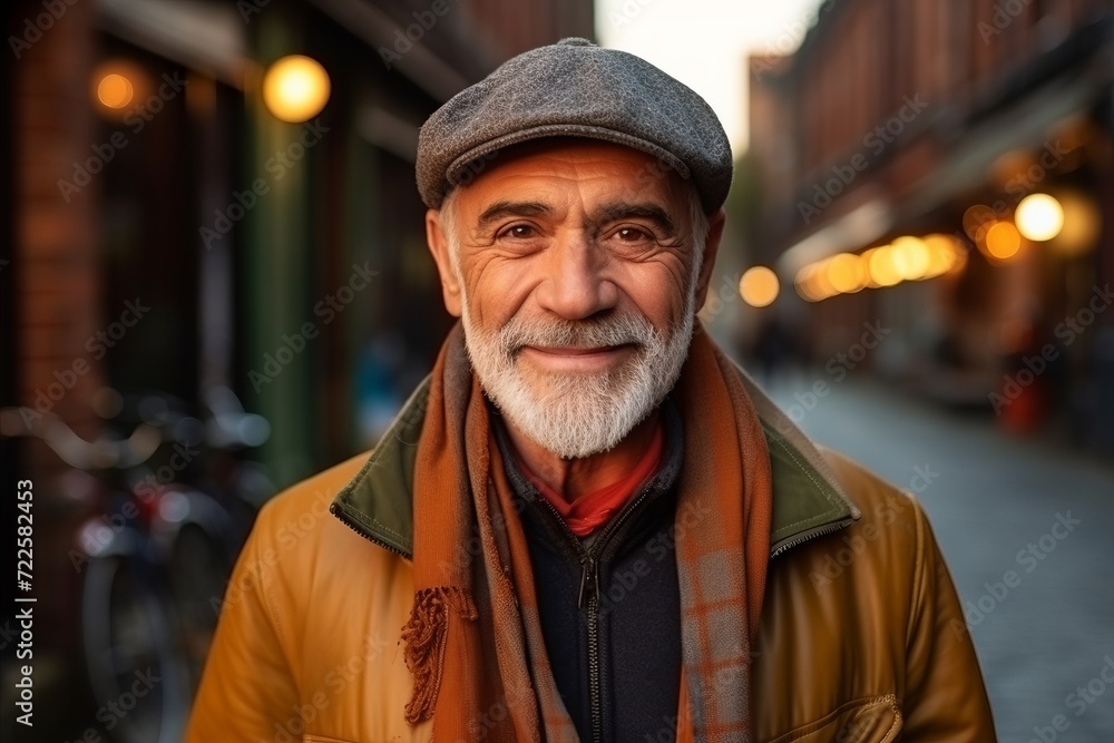 Portrait of an elderly man with a gray beard in the city