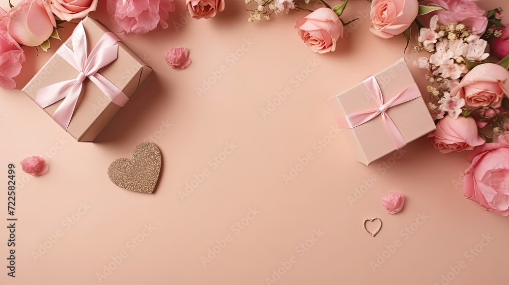 Top View of Valentine day banner design of a collection of Gift box and pink flowers on pink pastel background Top View of Valentine day banner design of a collection of Gift box and pink flowers on pink pastel background