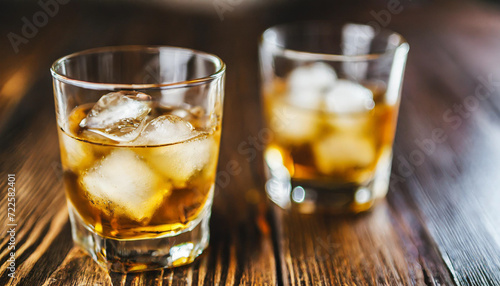 glass of whiskey with ice cubes on a rustic wooden background, evoking warmth and relaxation © Your Hand Please