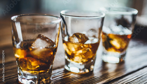 glass of whiskey with ice cubes on a rustic wooden background, evoking warmth and relaxation