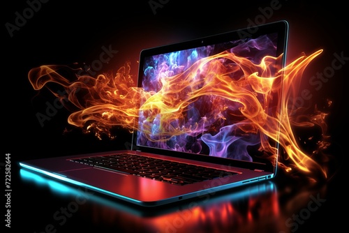 Intense fiery laptop with billowing dark grey smoke in realistic 70 percent of image
