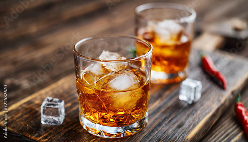 glass of whiskey with ice cubes on a rustic wooden background, evoking warmth and relaxation