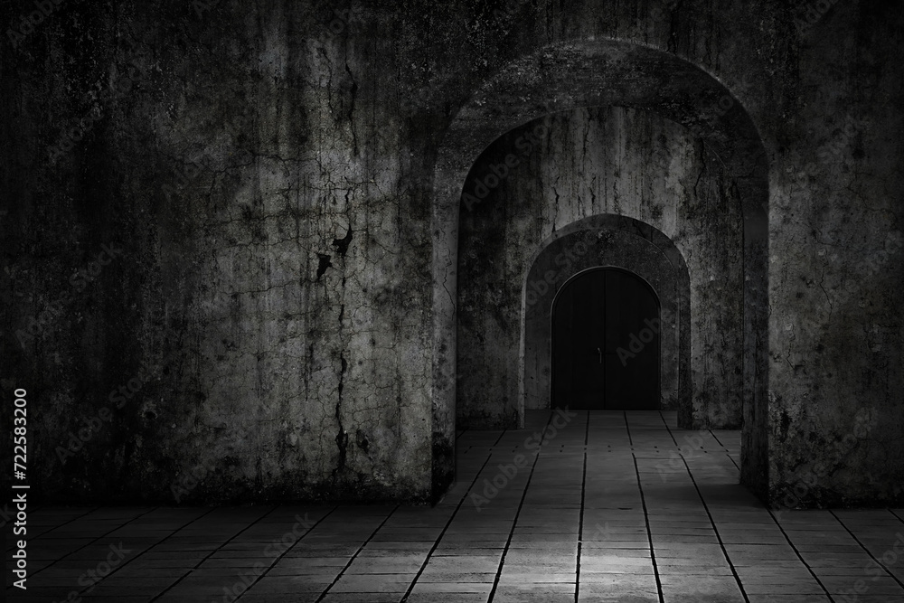 The background features an old, grungy, and rough-textured concrete wall, and a multi-tiered arched passage door leading into dark areas. A dim light on the block concrete floor, the concept of fear  - obrazy, fototapety, plakaty 