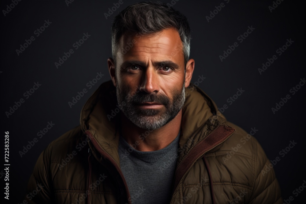 Portrait of a handsome middle-aged man in a warm jacket. Men's beauty, fashion.