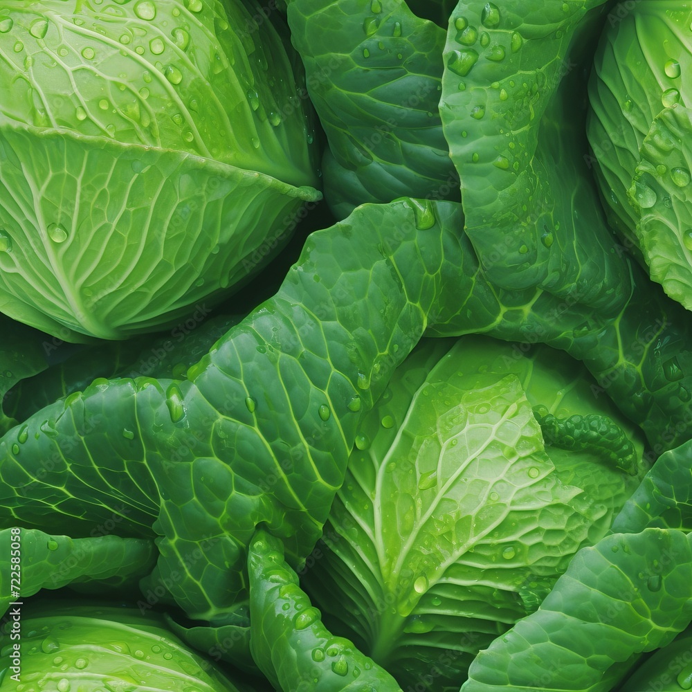Obraz premium Fresh shiny green cabbage with water droplets on seamless background healthy vegetable pattern