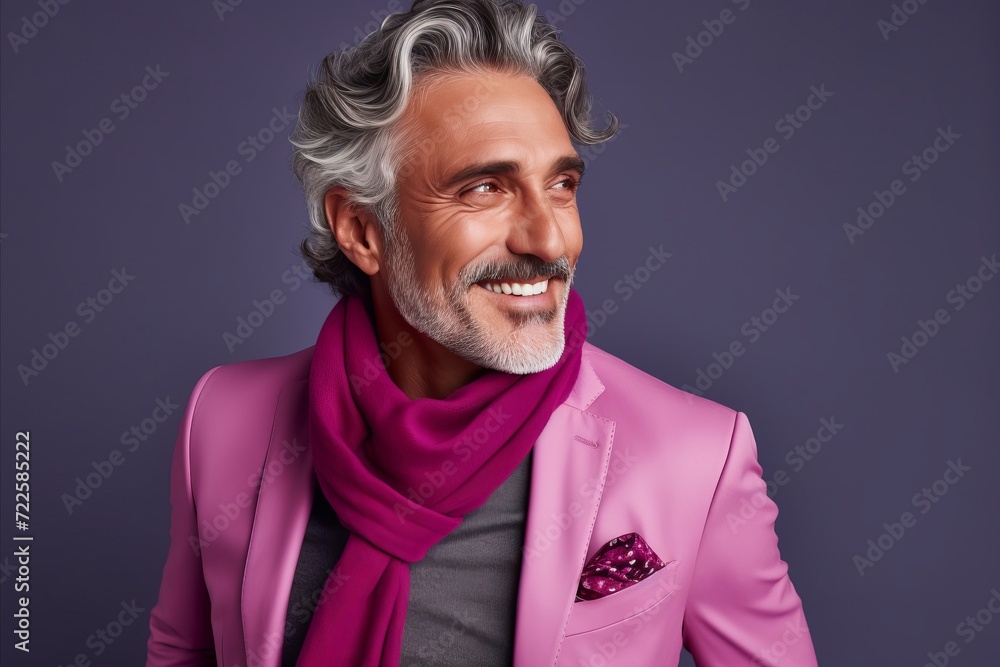 Handsome mature man in pink jacket and scarf. Studio shot.