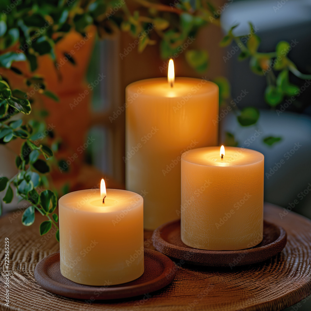 A serene setting of three lit candles of varying heights, casting a warm glow, nestled amidst the gentle embrace of lush green leaves. A serene setting of three lit candles of varying heights, casting a warm glow, nestled amidst the gentle embrace of lush green leaves.