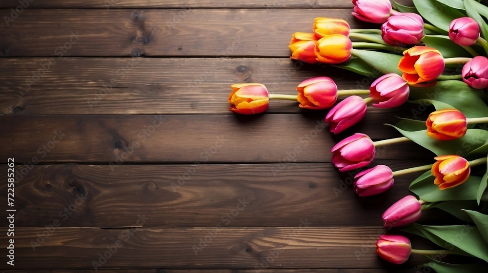 Tulips flowers laying against wood background, copyspace or blank space for text, hd spring concept created with generative ai