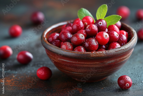 Capture the charm of autumn with this captivating stock image featuring a little ceramic bowl filled with fresh, vibrant cranberries, placed on an old rustic surface. Add a touch of vintage appeal and