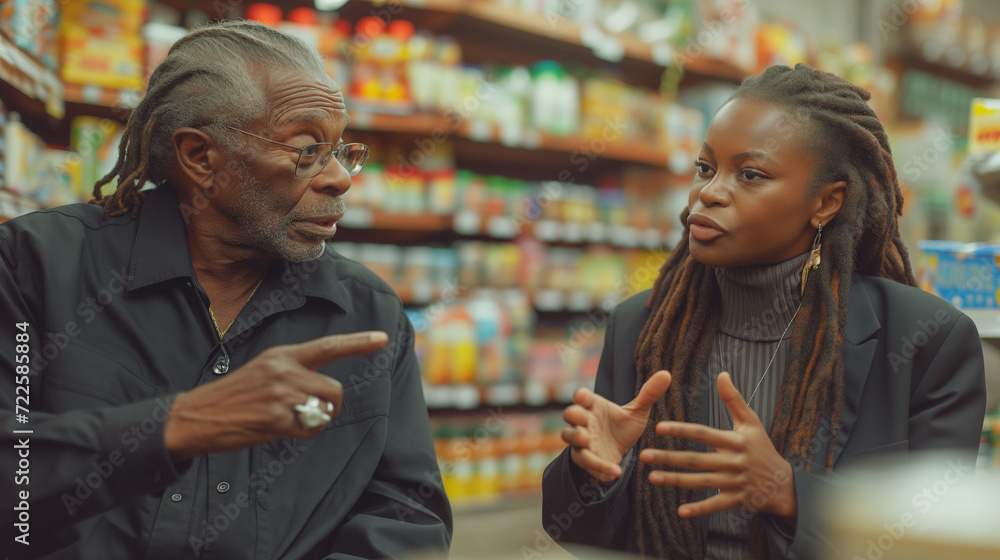 An older man in the grocery store being helped by a young woman who could be his daughter. An older man in the grocery store being helped by a young woman who could be his daughter.