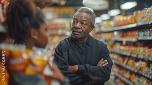 An older man in the grocery store being helped by a young woman who could be his daughter. 