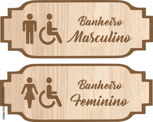 Banheiro Masculino e Feminino em Moldura. Arte retangular com textura de madeira rosa, com detalhes em marrom.