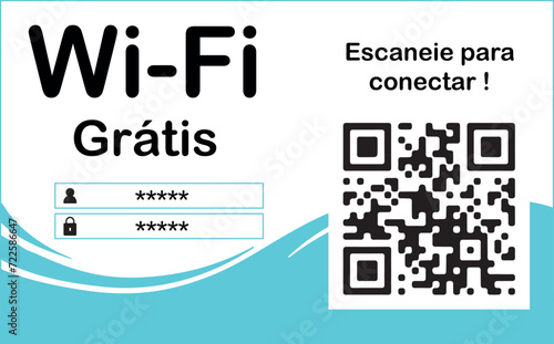 Wi-Fi Grátis com QR Code. Arte retangular de cor branca com detalhes em azul e preto. Contém Espaço para QR Code escaneável.