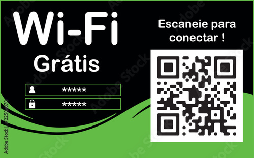 Wi-Fi Grátis com QR Code. Arte retangular de cor preta com detalhes em verde e branco. Contém Espaço para QR Code escaneável.