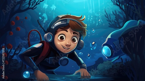 A vector cartoon kid in scuba gear, exploring underwater.