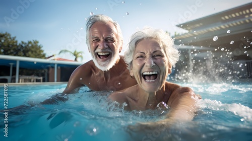 Joyful senior swimmers enjoying a refreshing dip in a sparkling pool, embracing the health benefits of aquatic exercise © CREATER CENTER