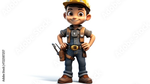 A vector cartoon kid in a construction worker outfit, with a toy tool belt. © Galib