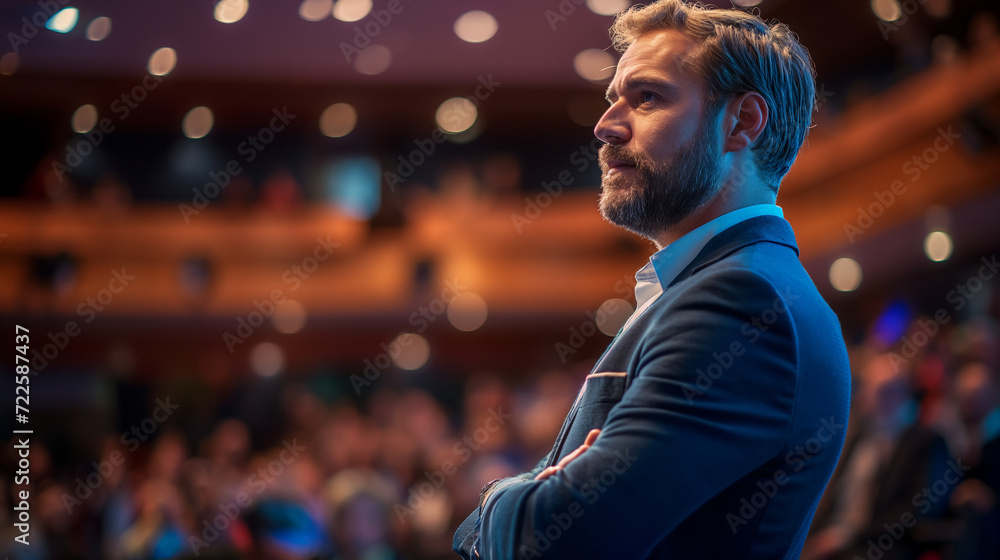 Professional Man in Business Suit Addressing a Large Crowd Professional Man in Business Suit Addressing a Large Crowd