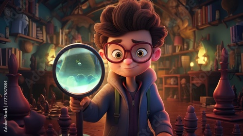 A 3D cartoon kid sleuthing with an absurdly large magnifying glass to solve mysteries. photo
