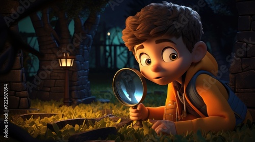 A 3D cartoon kid sleuthing with an absurdly large magnifying glass to solve mysteries.
 photo